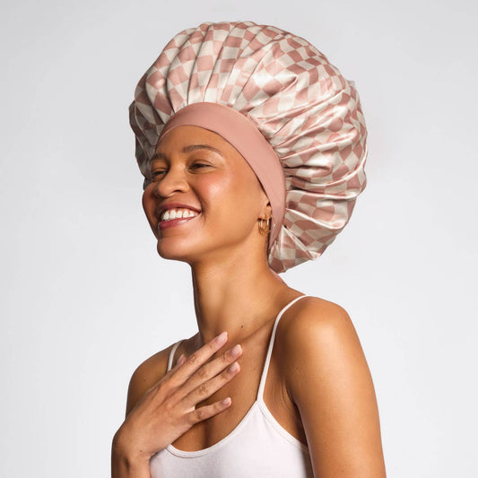 Kitsch Oversized Satin Bonnet - Terracotta Checker - Bare Face Beauty