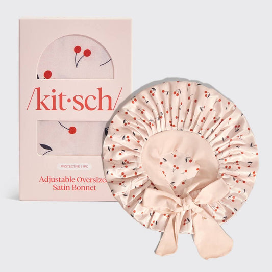 Kitsch Adjustable Oversized Satin Bonnet - Cherry Print - Bare Face Beauty
