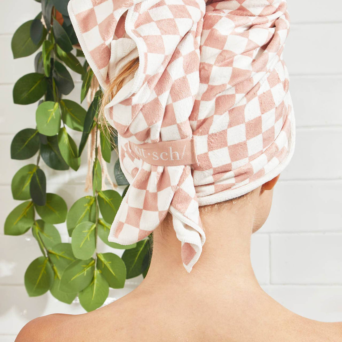 Kitsch Extra Large Quick-Dry Hair Towel Wrap - Terracotta Checker - Bare Face Beauty