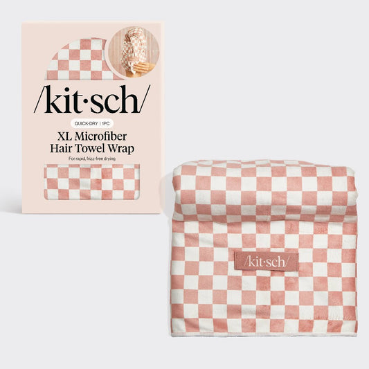 Kitsch Extra Large Quick-Dry Hair Towel Wrap - Terracotta Checker - Bare Face Beauty