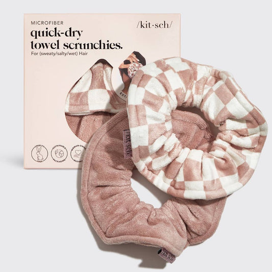 Kitsch Microfibre Quick-Dry Towel Scrunchie 2PC- Terracotta Checker - Bare Face Beauty