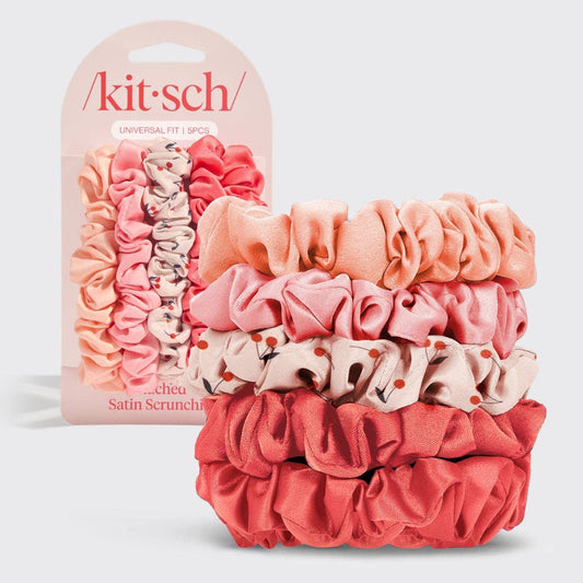 Kitsch Ruched Satin Scrunchies 5pc Set - Assorted Cherry Blossom - Bare Face Beauty