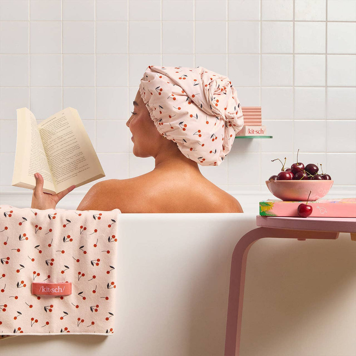 Kitsch Satin-Lined Flexi Shower Cap - Cherry Print - Bare Face Beauty