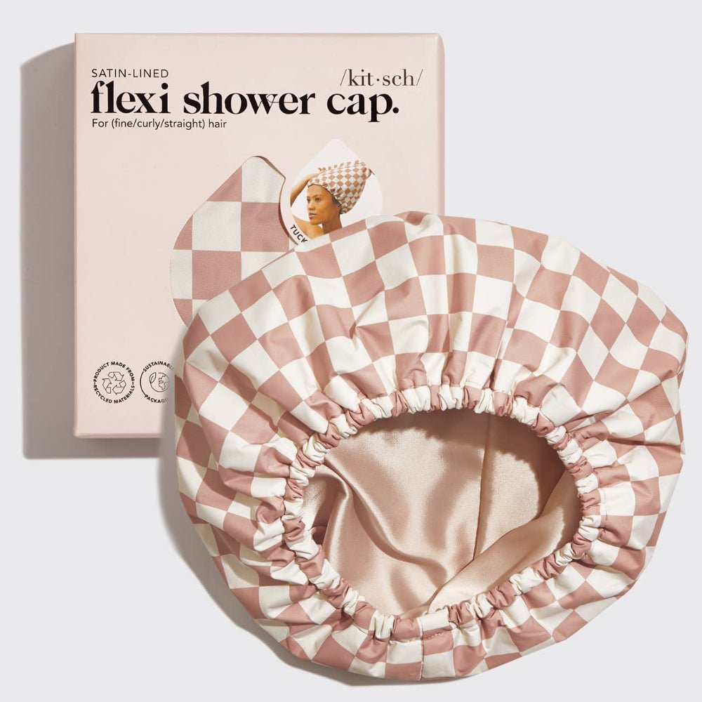Kitsch Satin Lined Flexi Shower Cap - Terracotta Checker - Bare Face Beauty