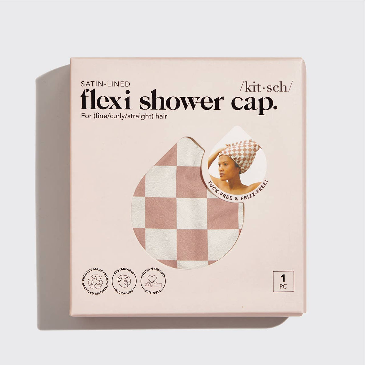 Kitsch Satin Lined Flexi Shower Cap - Terracotta Checker - Bare Face Beauty