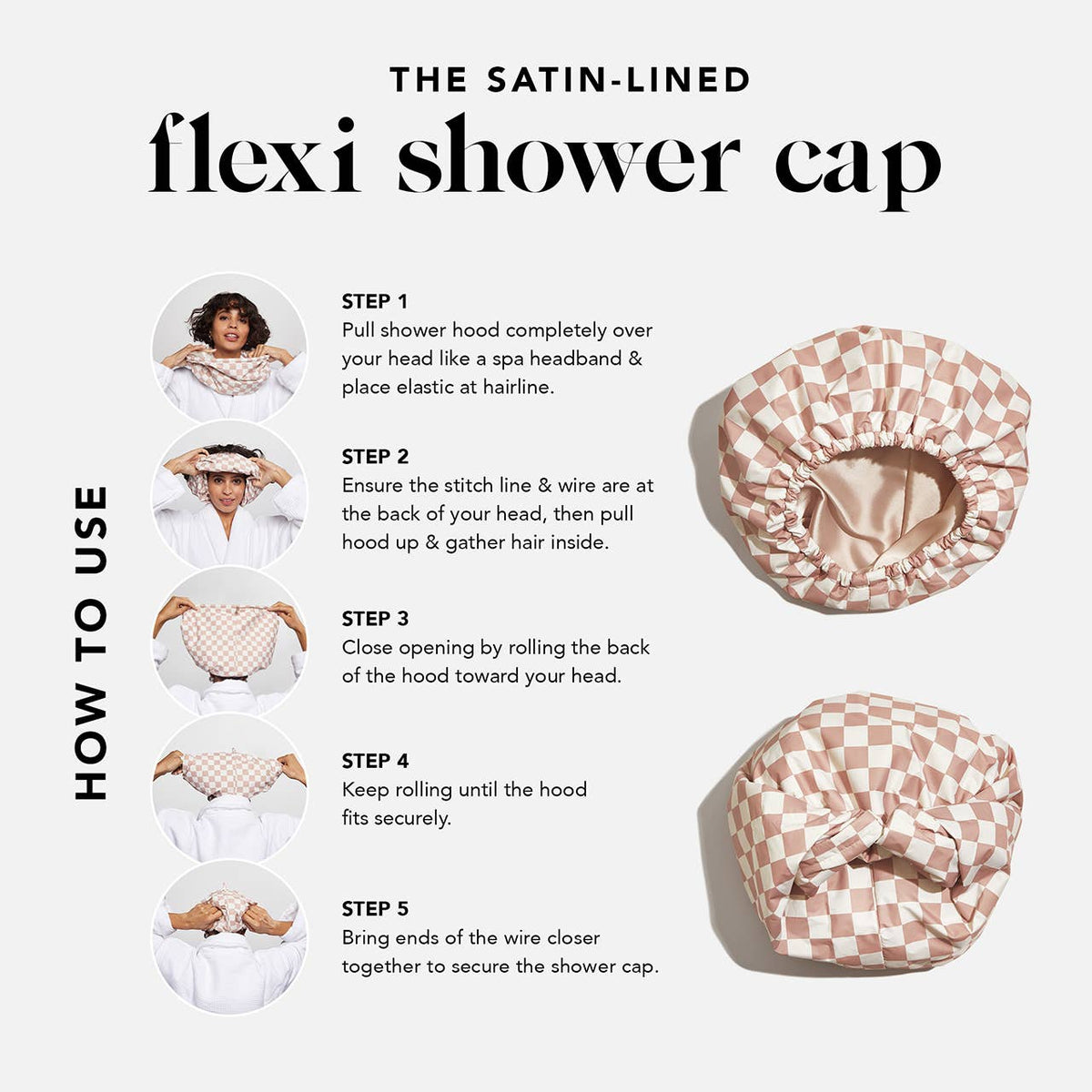 Kitsch Satin Lined Flexi Shower Cap - Terracotta Checker - Bare Face Beauty