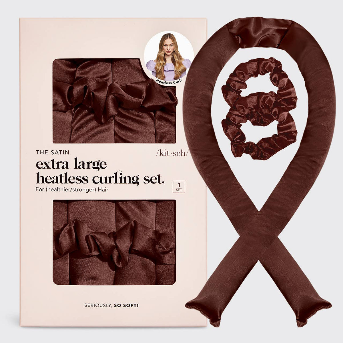 Kitsch XL Satin Heatless Curling Set - Chocolate - Bare Face Beauty